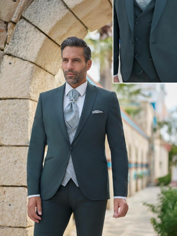 Homme en costume trois pièces vert sapin élégant pour mariage