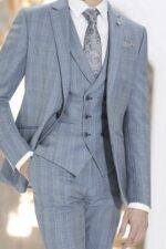 Costume de mariage bleu gris à carreaux 3 pièces – Image 2
