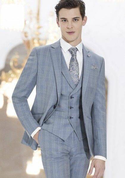Costume de mariage bleu gris à carreaux 3 pièces Roberto Vicentti — Wind's Mariages Amiens