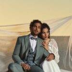 Costume de mariage vert sauge 3 pièces Roberto Vicentti porté avec robe de mariée — Wind's Mariages