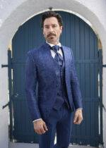 Costume de mariage jacquard bleu marine 3 pièces Empire du marié Barcelone — Wind's Mariages Amiens