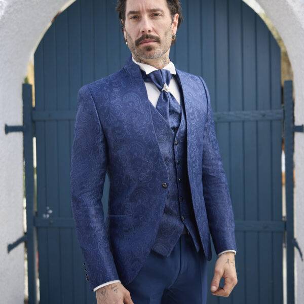 Costume de mariage jacquard bleu marine 3 pièces Empire du marié Barcelone — Wind's Mariages Amiens