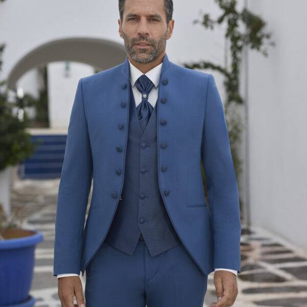 Costume de mariage col officier bleu 3 pièces Empire du marié Cadix — Wind's Mariages Amiens
