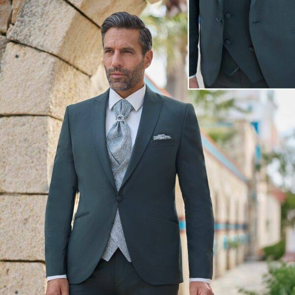 Homme en costume trois pièces vert sapin élégant pour mariage